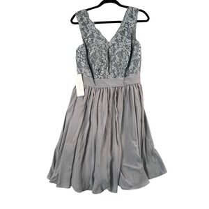 Azazie Grey Lace Chiffon Midi Dress V Neck Sleeveless Romantic Formal NWT